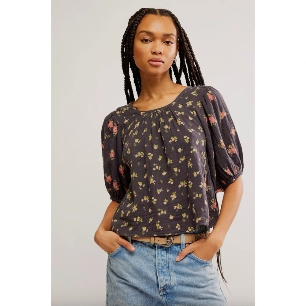 Free People Chloe Printed Top Washed Black Floral Large NWT Cottage Bow Gauze
